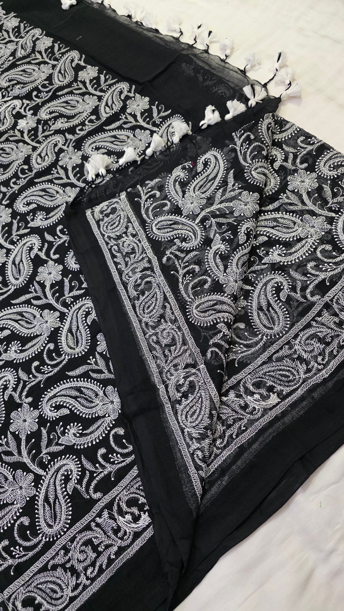 Black and white Mulmul Chikankari embroidery Saree