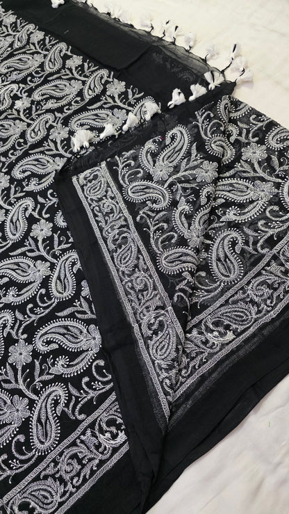 Black and white Mulmul Chikankari embroidery Saree