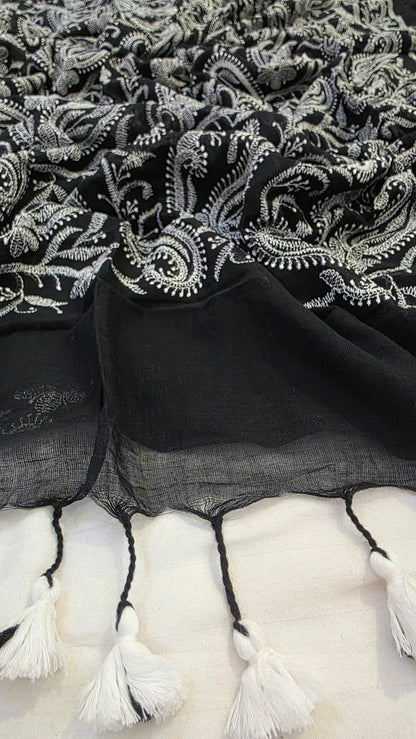 Black and white Mulmul Chikankari embroidery Saree