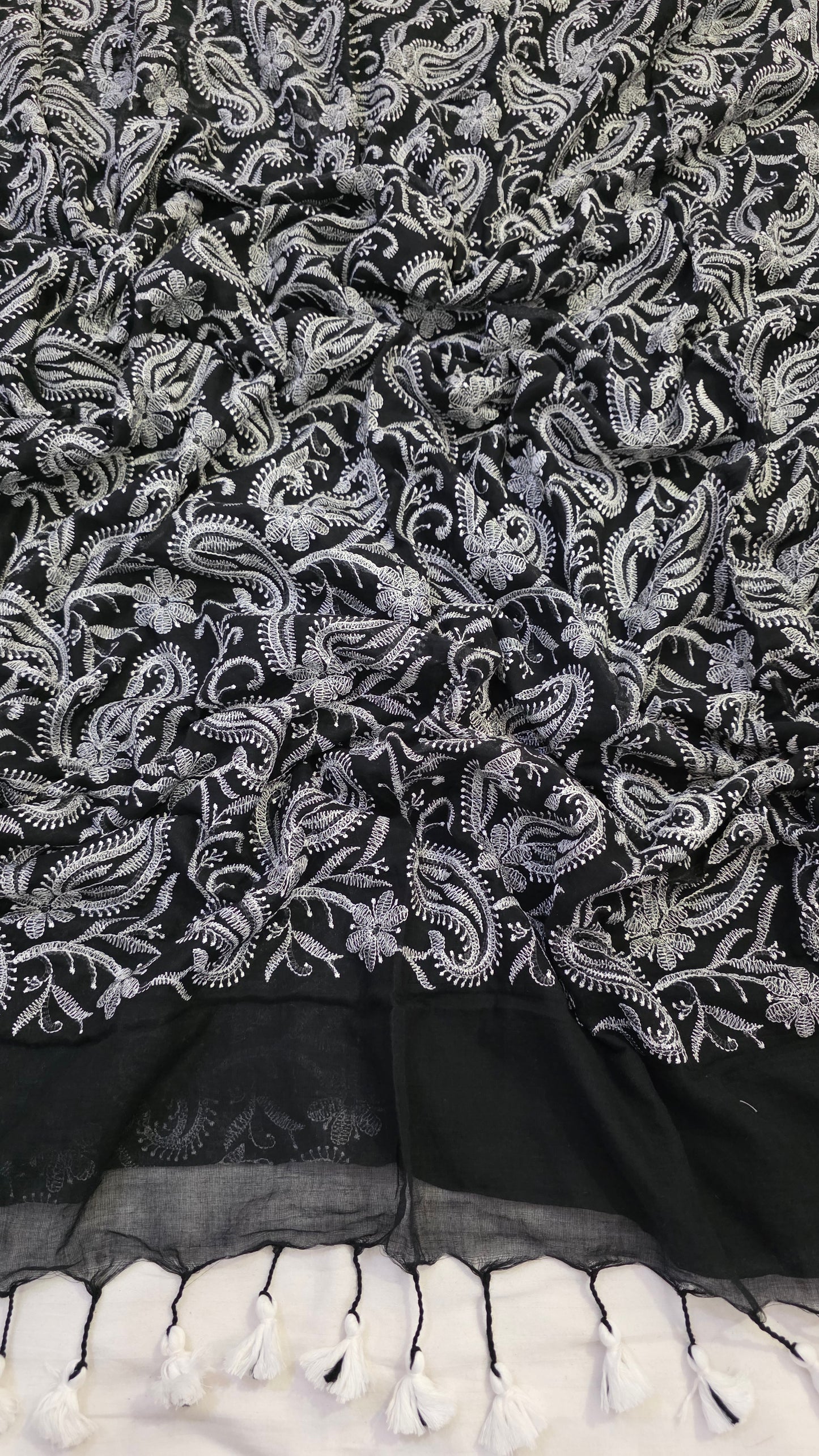 Black and white Mulmul Chikankari embroidery Saree
