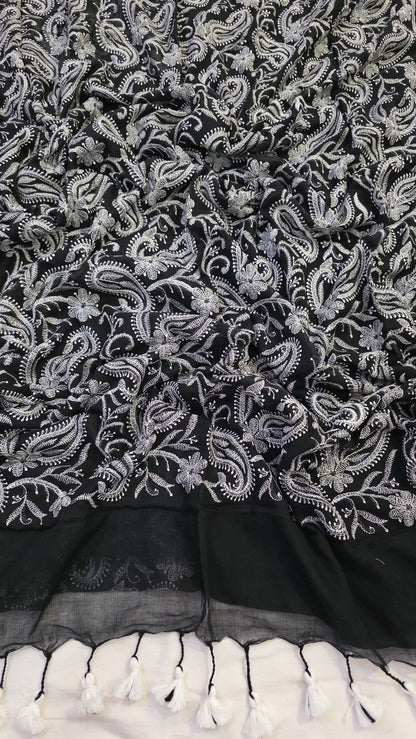 Black and white Mulmul Chikankari embroidery Saree