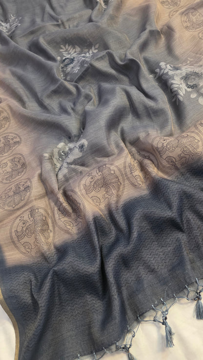 Stone Blue Blended Linen tissue Silk