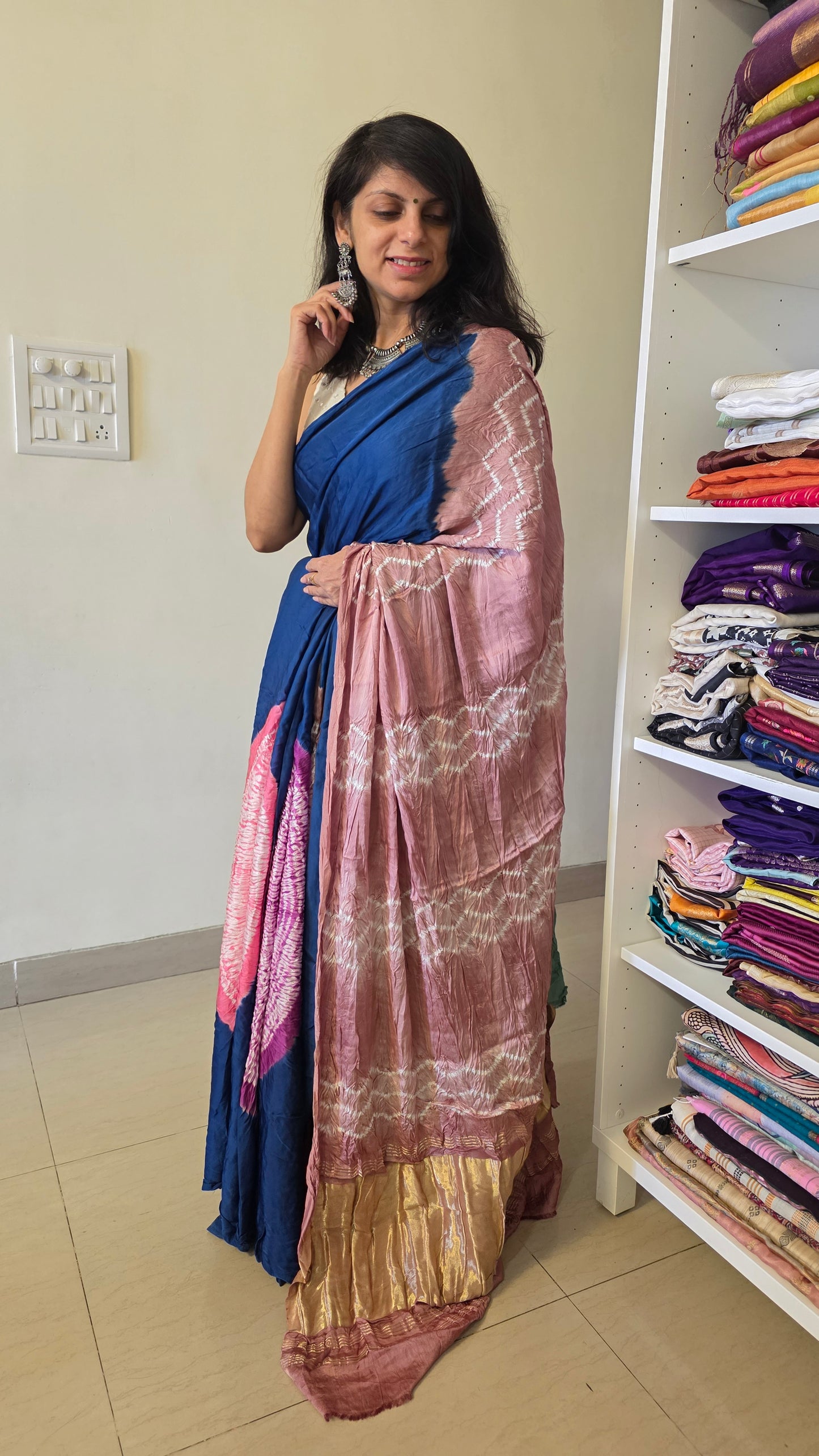 Pure Blue Dola silk Bandhej Saree