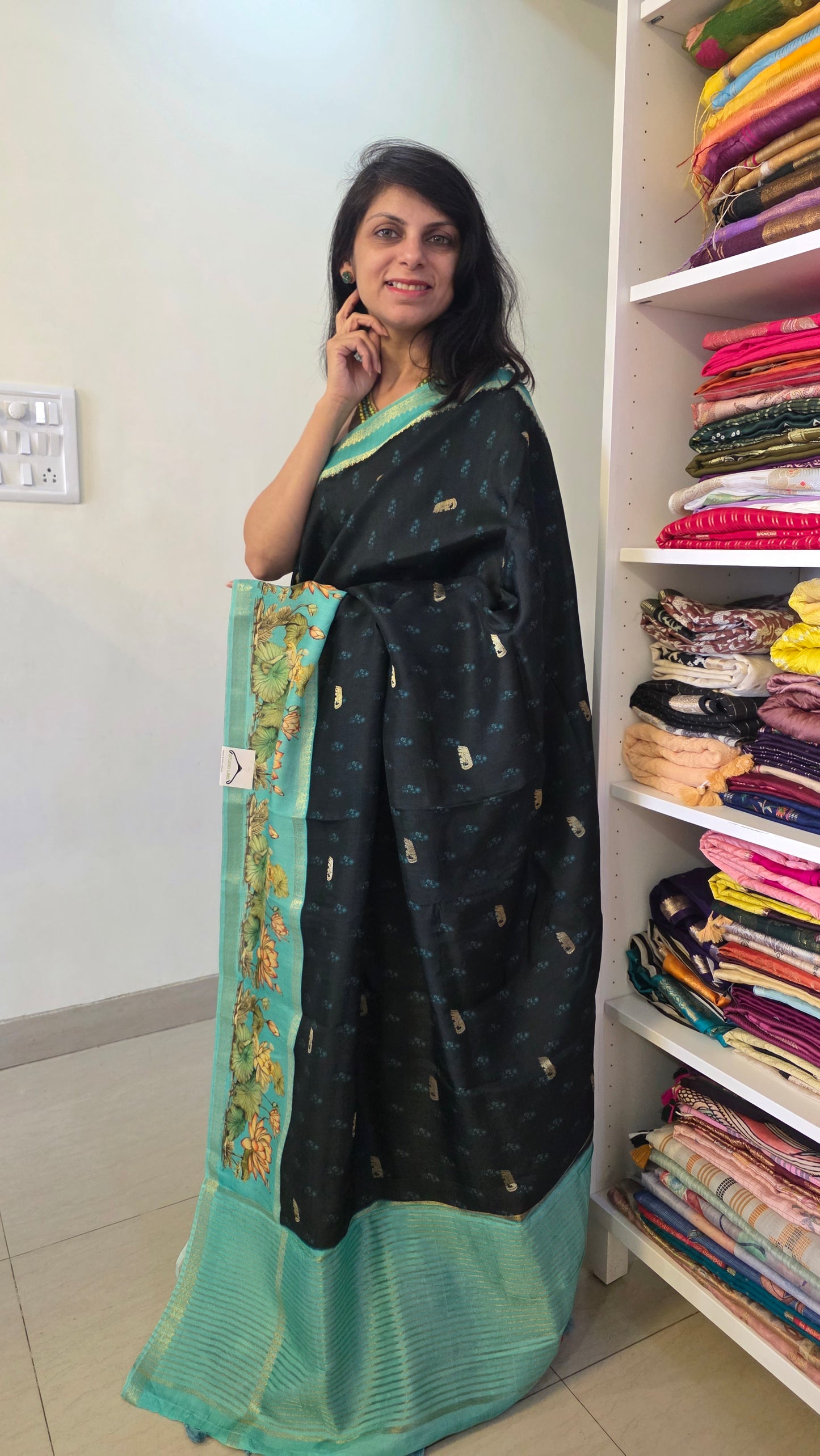 Black  Blue Dola silk figure Saree