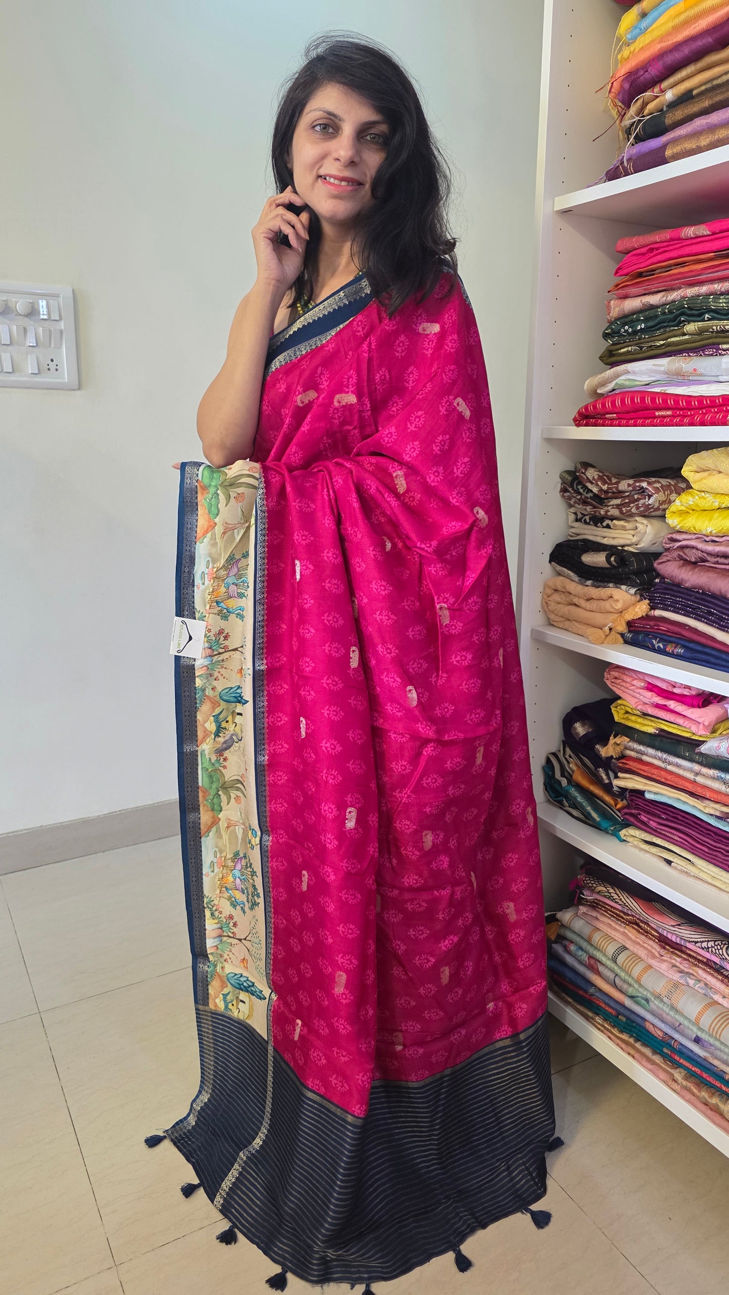 Pink Blue Dola silk figure Saree