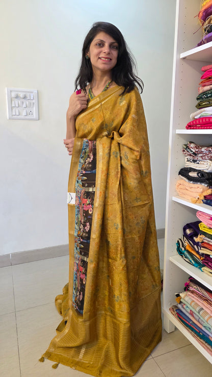 Mustard YELLOW Dola silk figure Saree