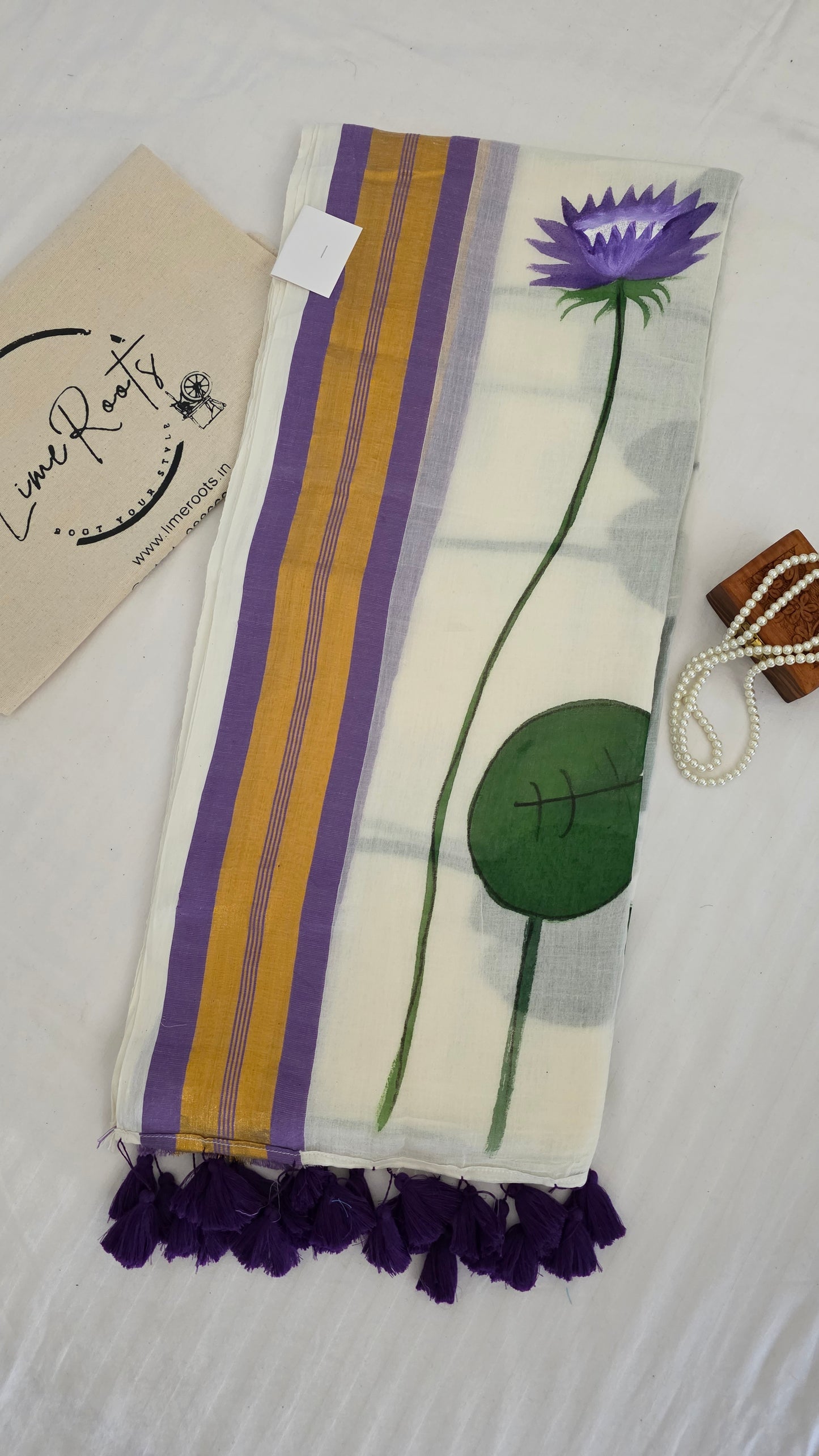 Lavender White hand-painted Lotus mulmul cotton Saree