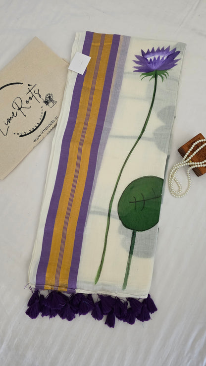 Lavender White hand-painted Lotus mulmul cotton Saree