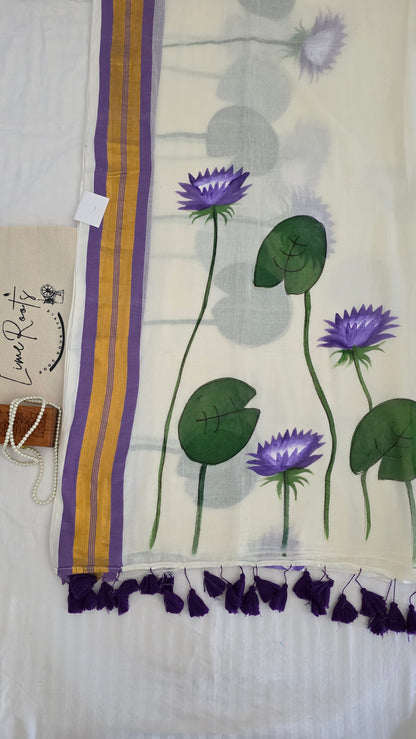 Lavender White hand-painted Lotus mulmul cotton Saree
