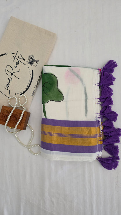 Lavender White hand-painted Lotus mulmul cotton Saree