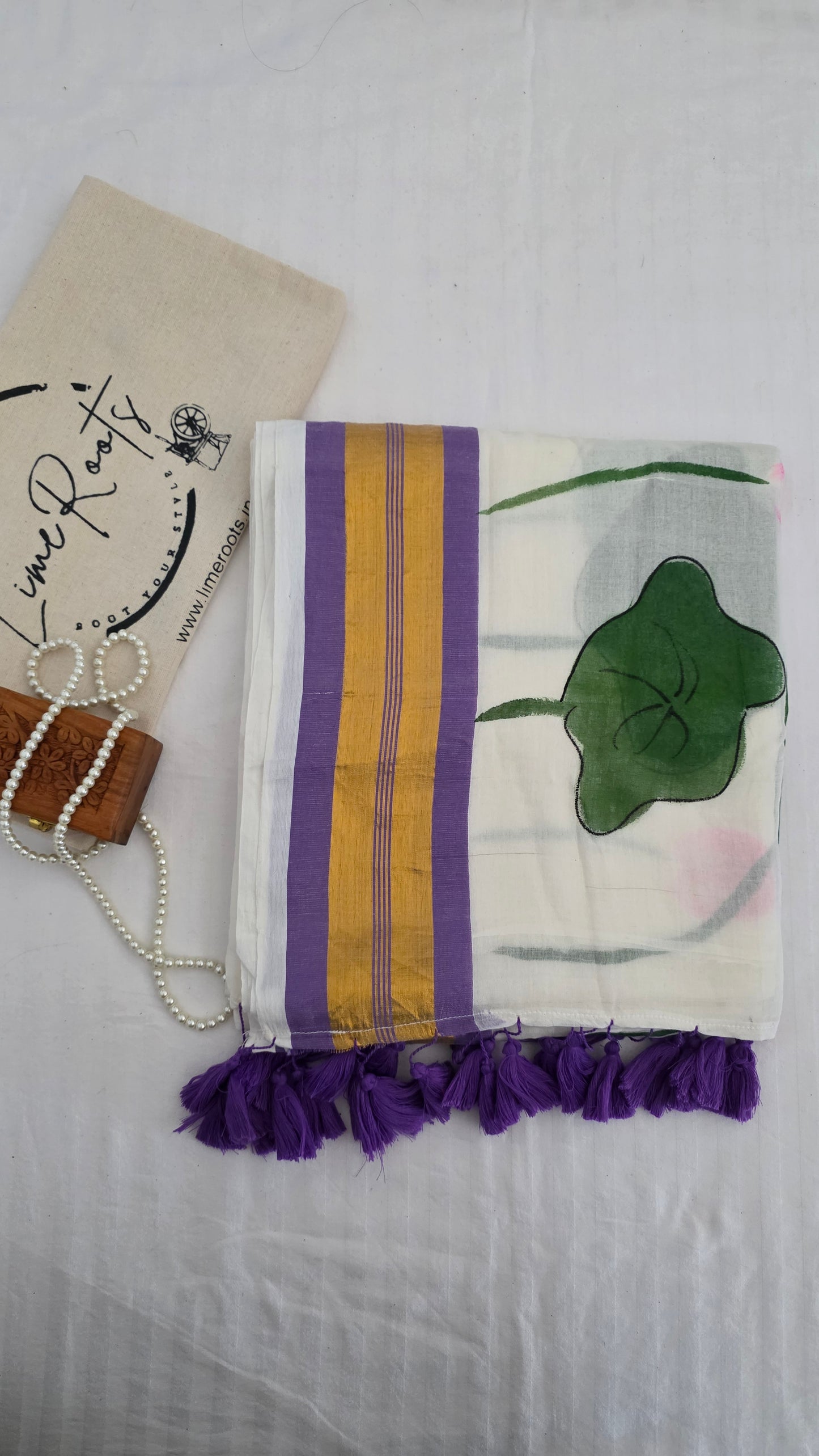 Lavender White hand-painted Lotus mulmul cotton Saree