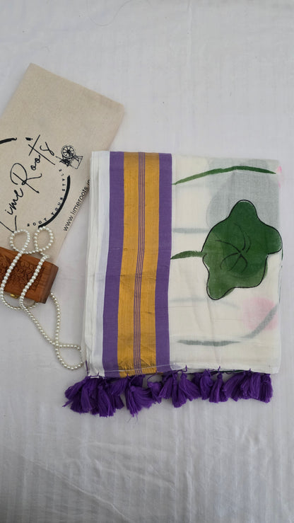 Lavender White hand-painted Lotus mulmul cotton Saree