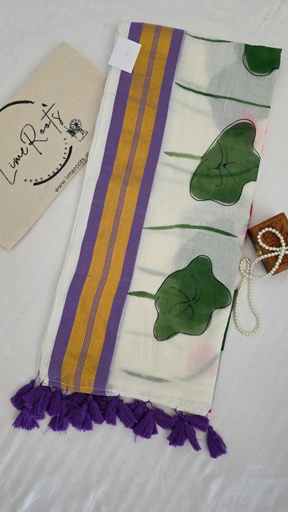 Lavender White hand-painted Lotus mulmul cotton Saree
