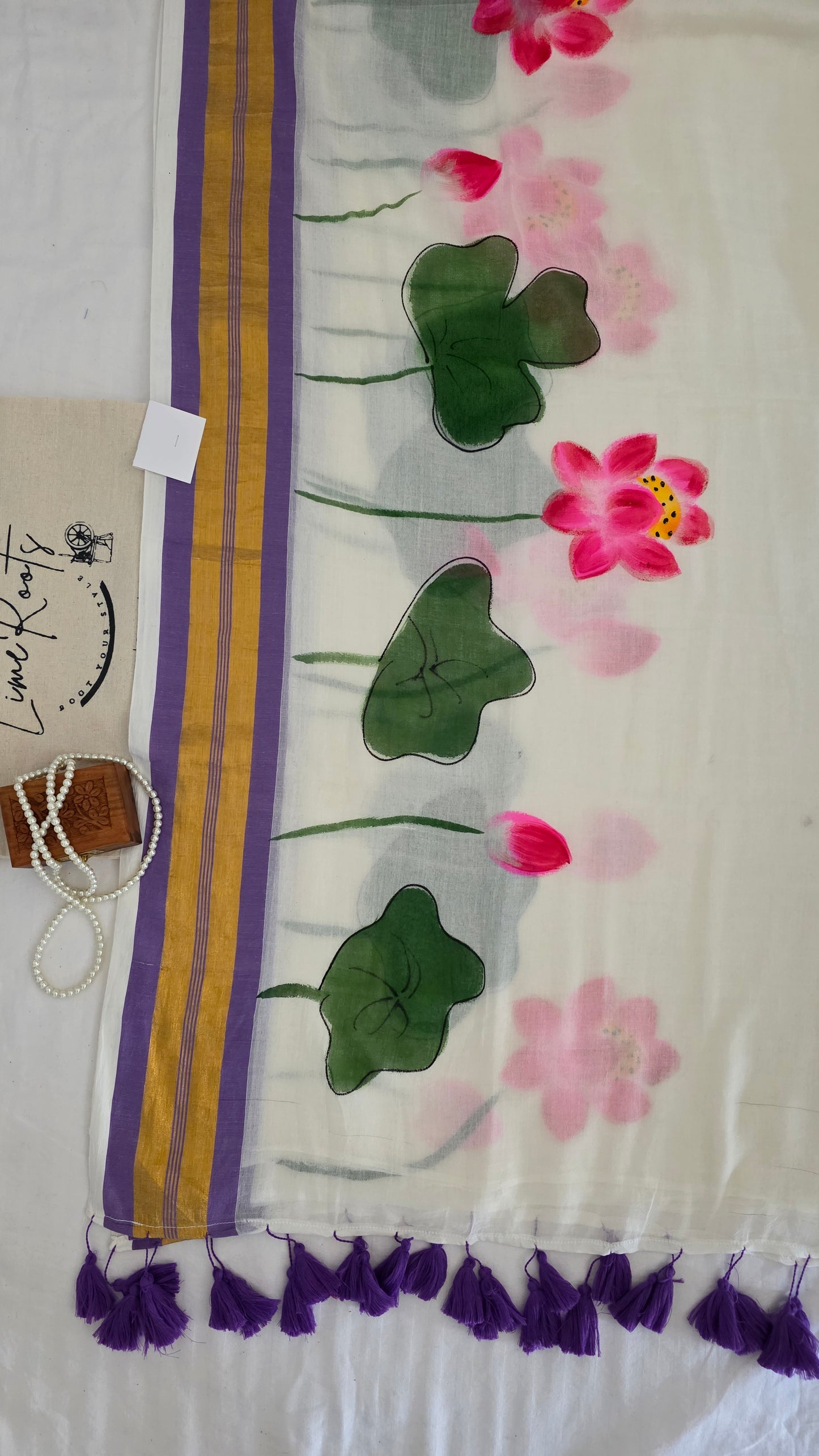 Lavender White hand-painted Lotus mulmul cotton Saree