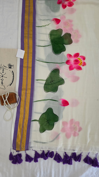 Lavender White hand-painted Lotus mulmul cotton Saree