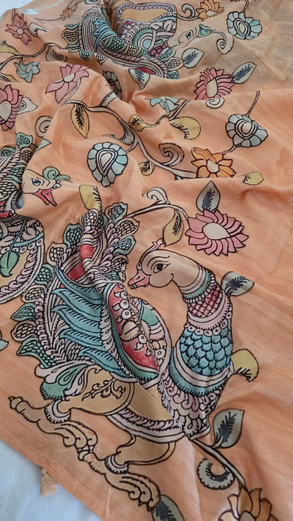 Peach kalamkari applique work Tussar silk saree