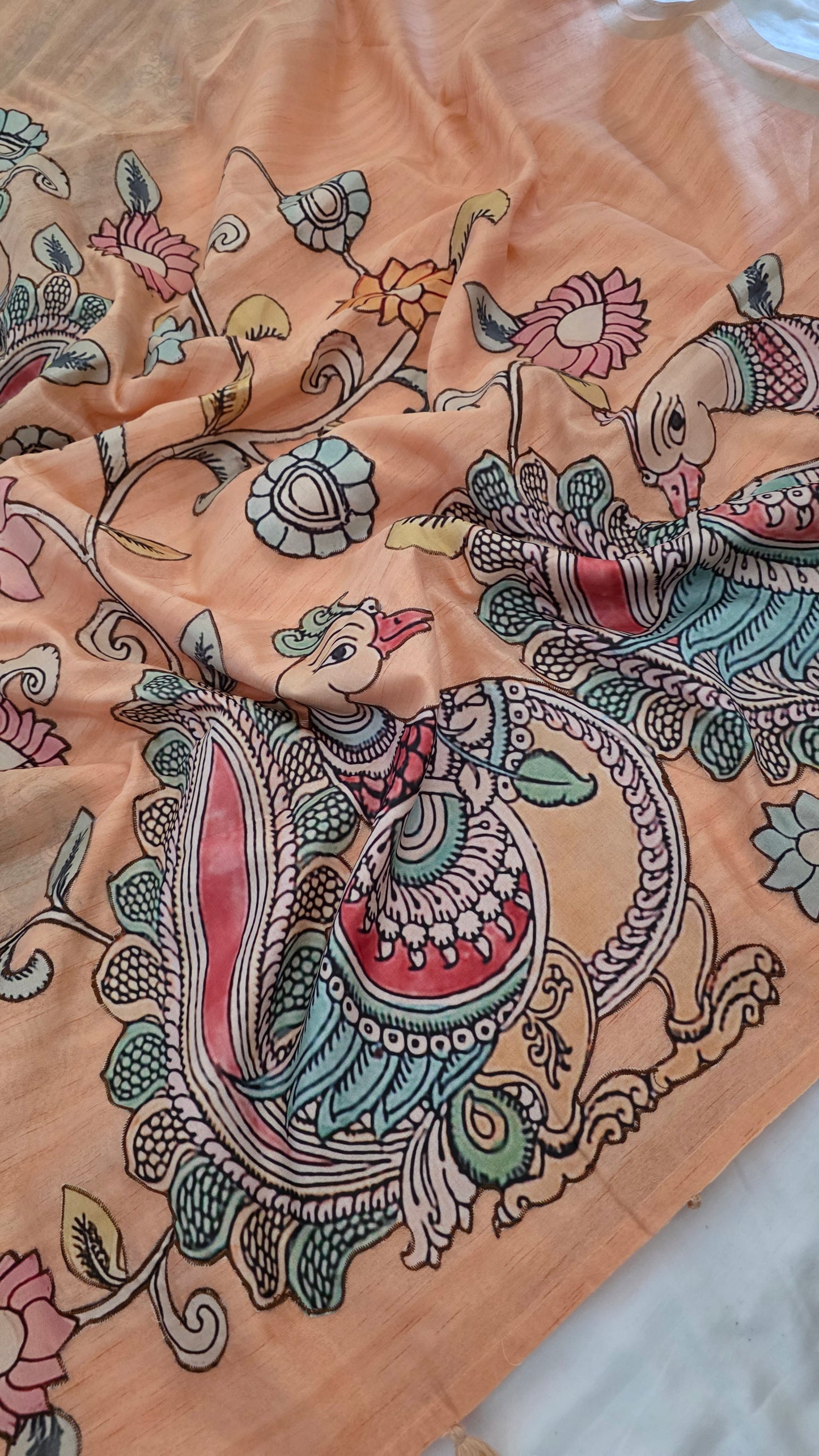 Peach kalamkari applique work Tussar silk saree