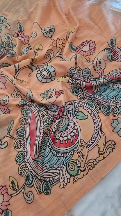 Peach kalamkari applique work Tussar silk saree