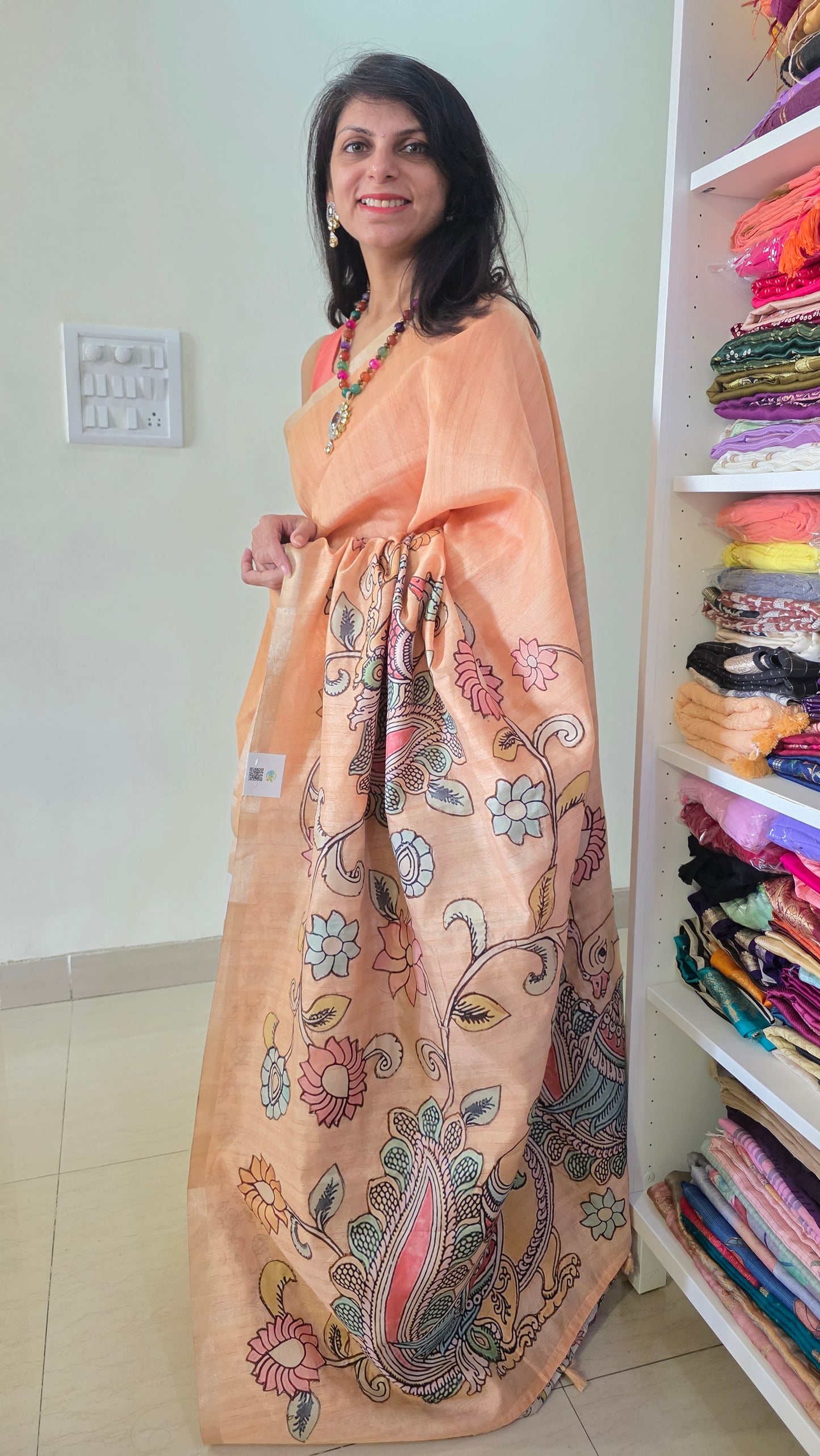 Peach kalamkari applique work Tussar silk saree