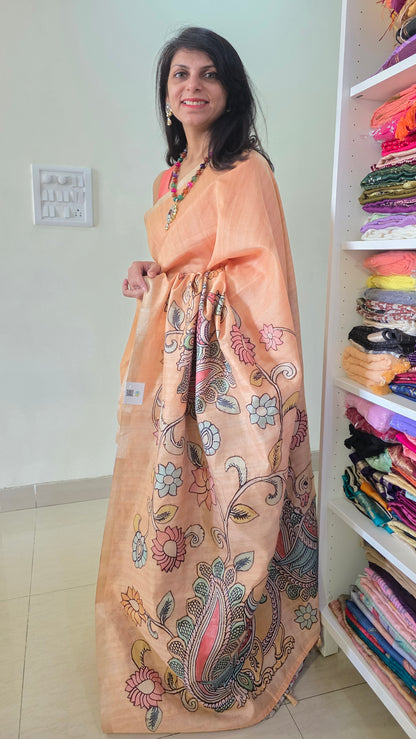 Peach kalamkari applique work Tussar silk saree