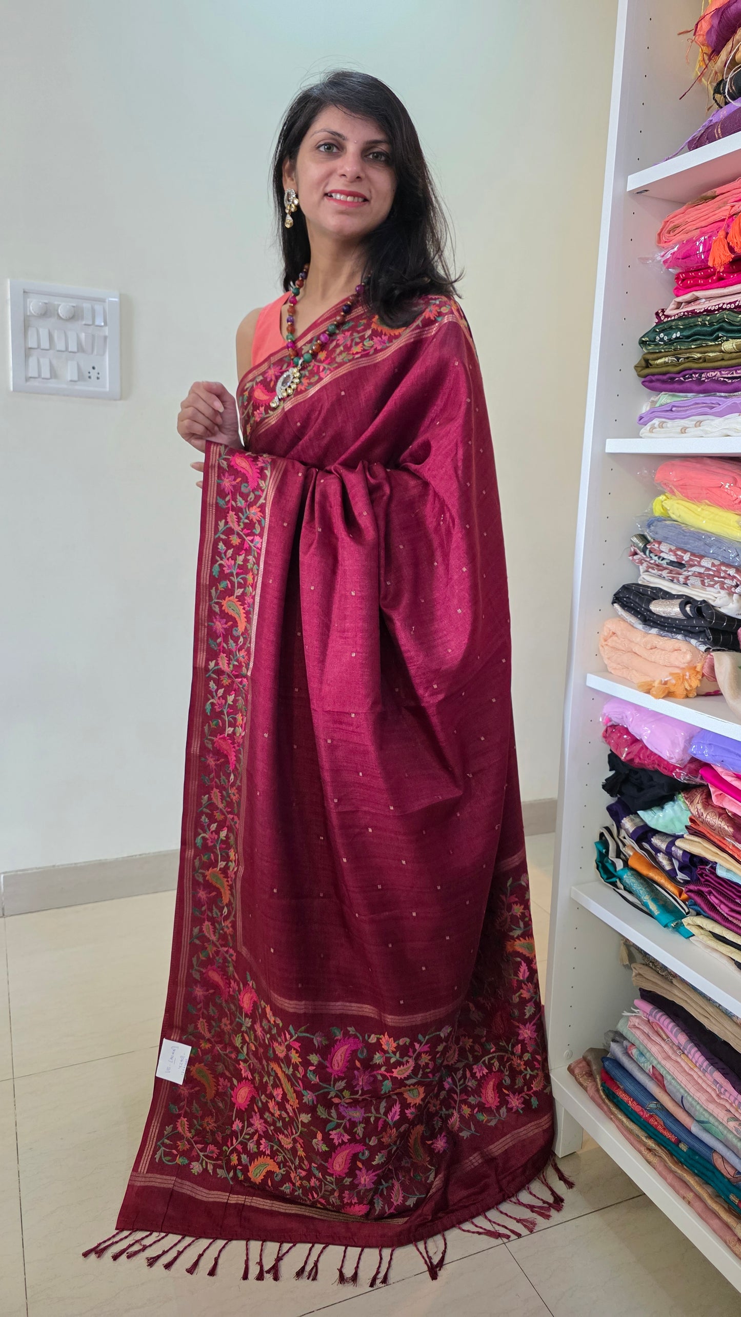 Rust Tussar kashmiri thread work Saree