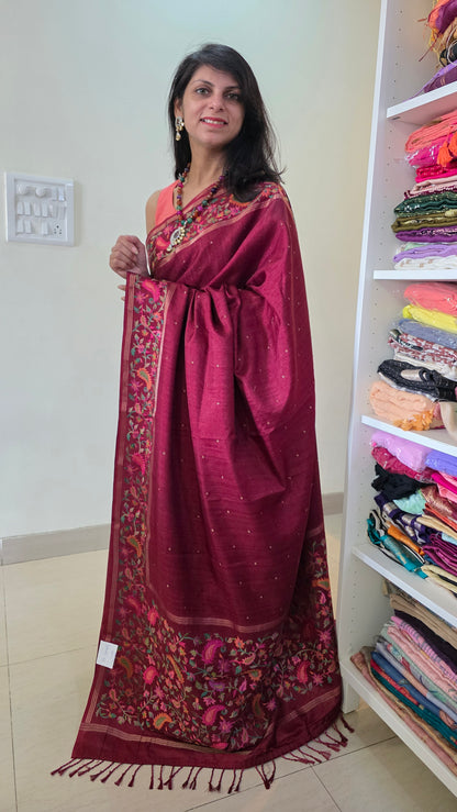 Rust Tussar kashmiri thread work Saree