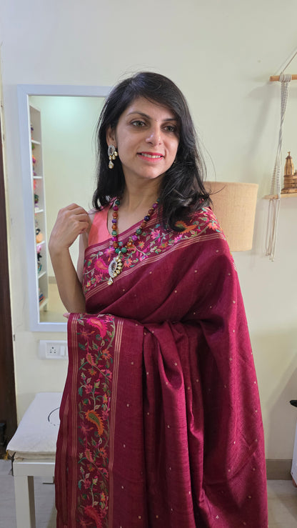 Rust Tussar kashmiri thread work Saree