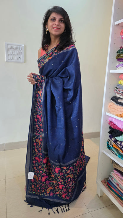 Blue  Tussar kashmiri thread work Saree