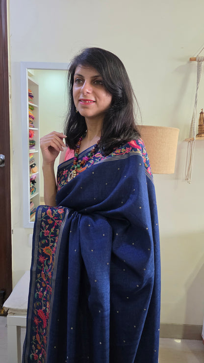 Blue  Tussar kashmiri thread work Saree