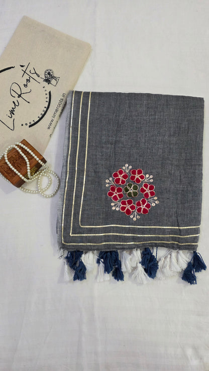 Grey embroidered Pure mulmul cotton Saree