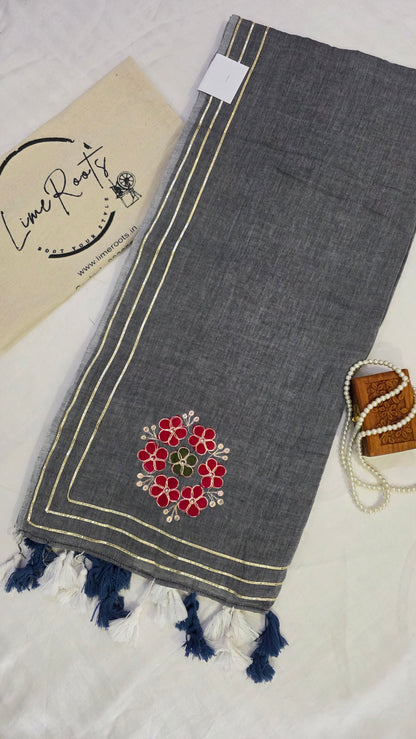 Grey embroidered Pure mulmul cotton Saree