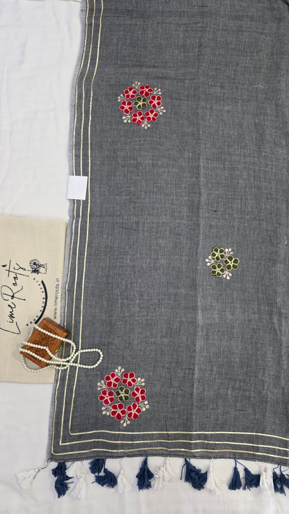 Grey embroidered Pure mulmul cotton Saree