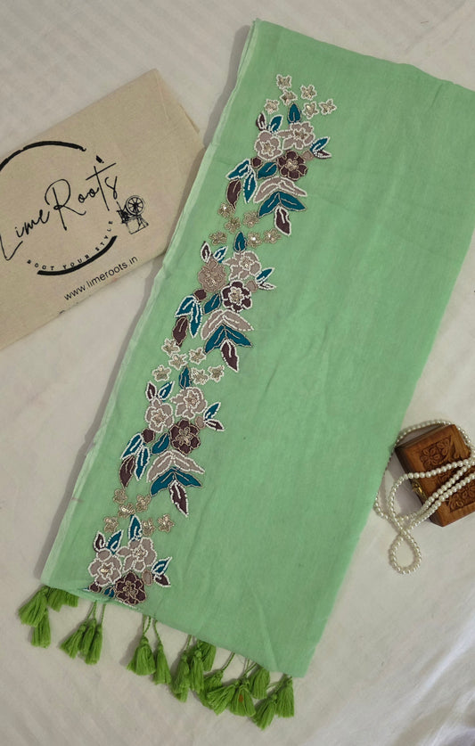 Green Hand-embroidered mulmul saree