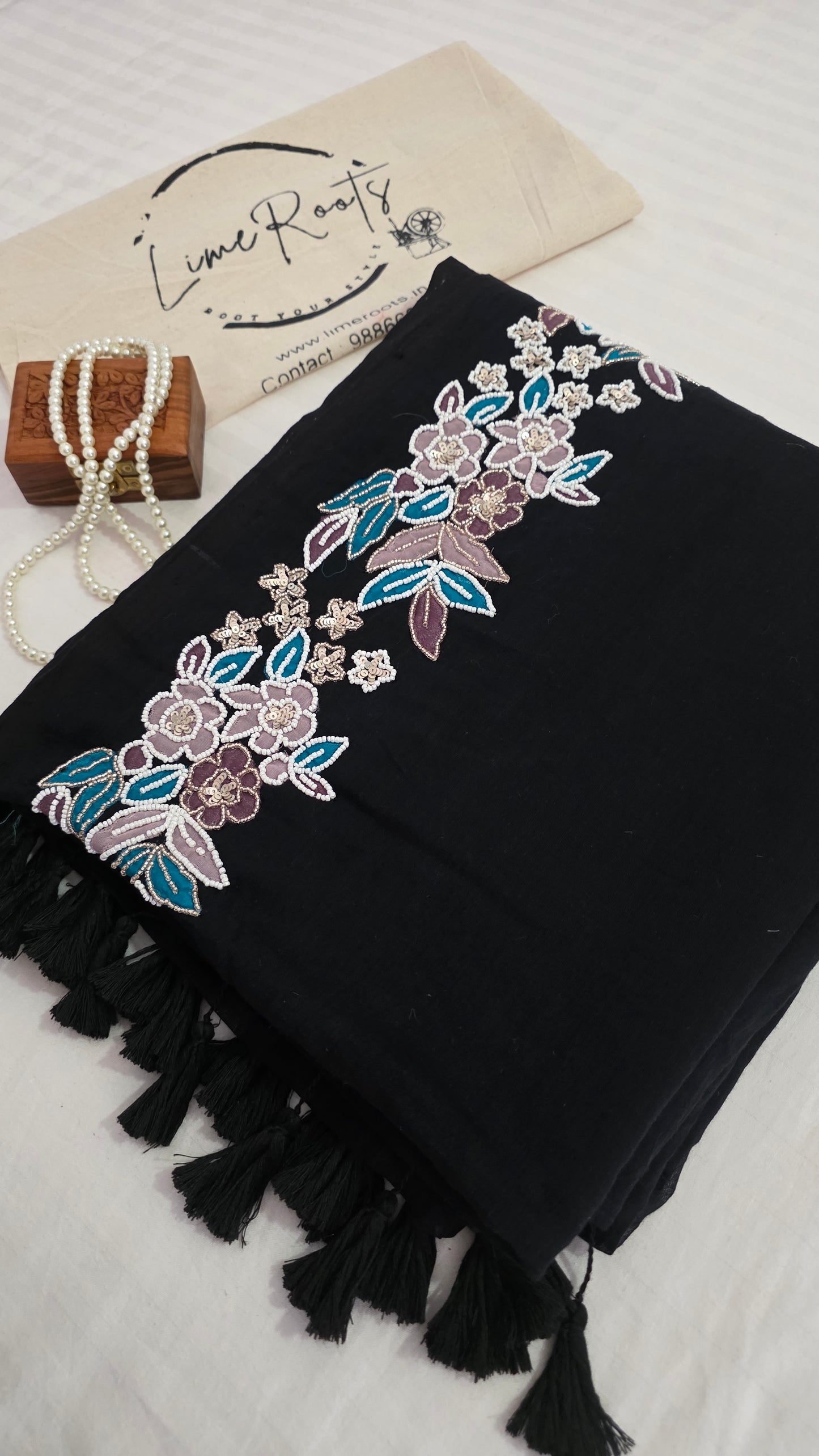 Black Hand-embroidered mulmul saree