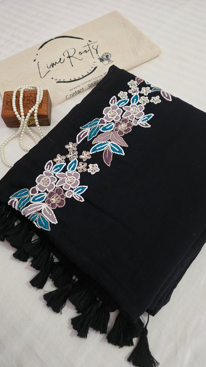 Black Hand-embroidered mulmul saree