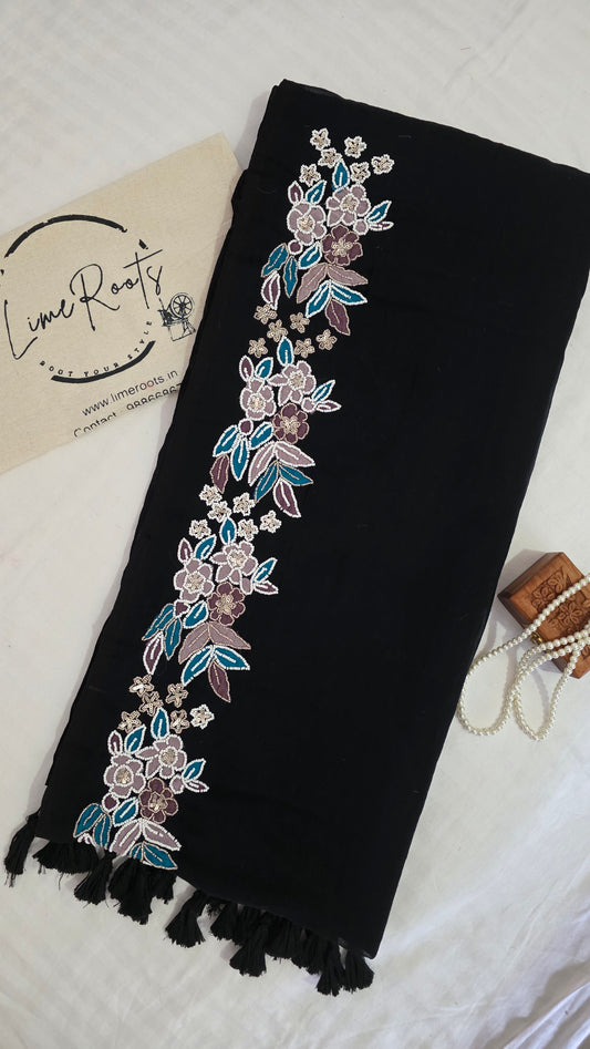 Black Hand-embroidered mulmul saree