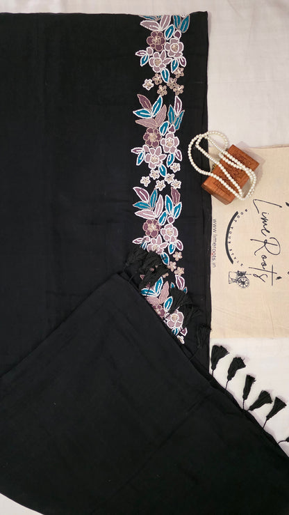 Black Hand-embroidered mulmul saree