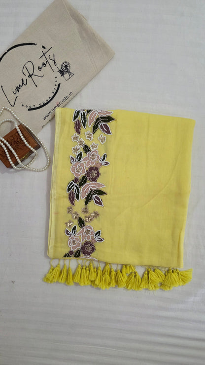 Yellow Hand-embroidered mulmul saree