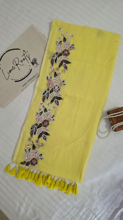 Yellow Hand-embroidered mulmul saree