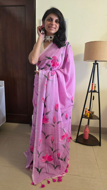 Lavender hand-painted pure mulmul cotton