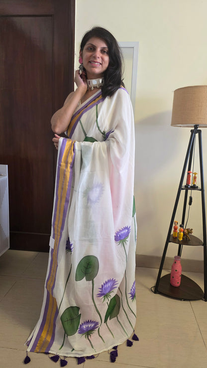 Lavender White hand-painted Lotus mulmul cotton Saree
