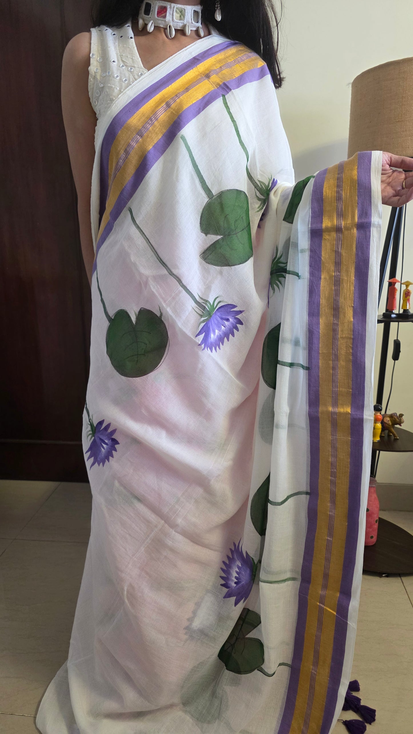 Lavender White hand-painted Lotus mulmul cotton Saree