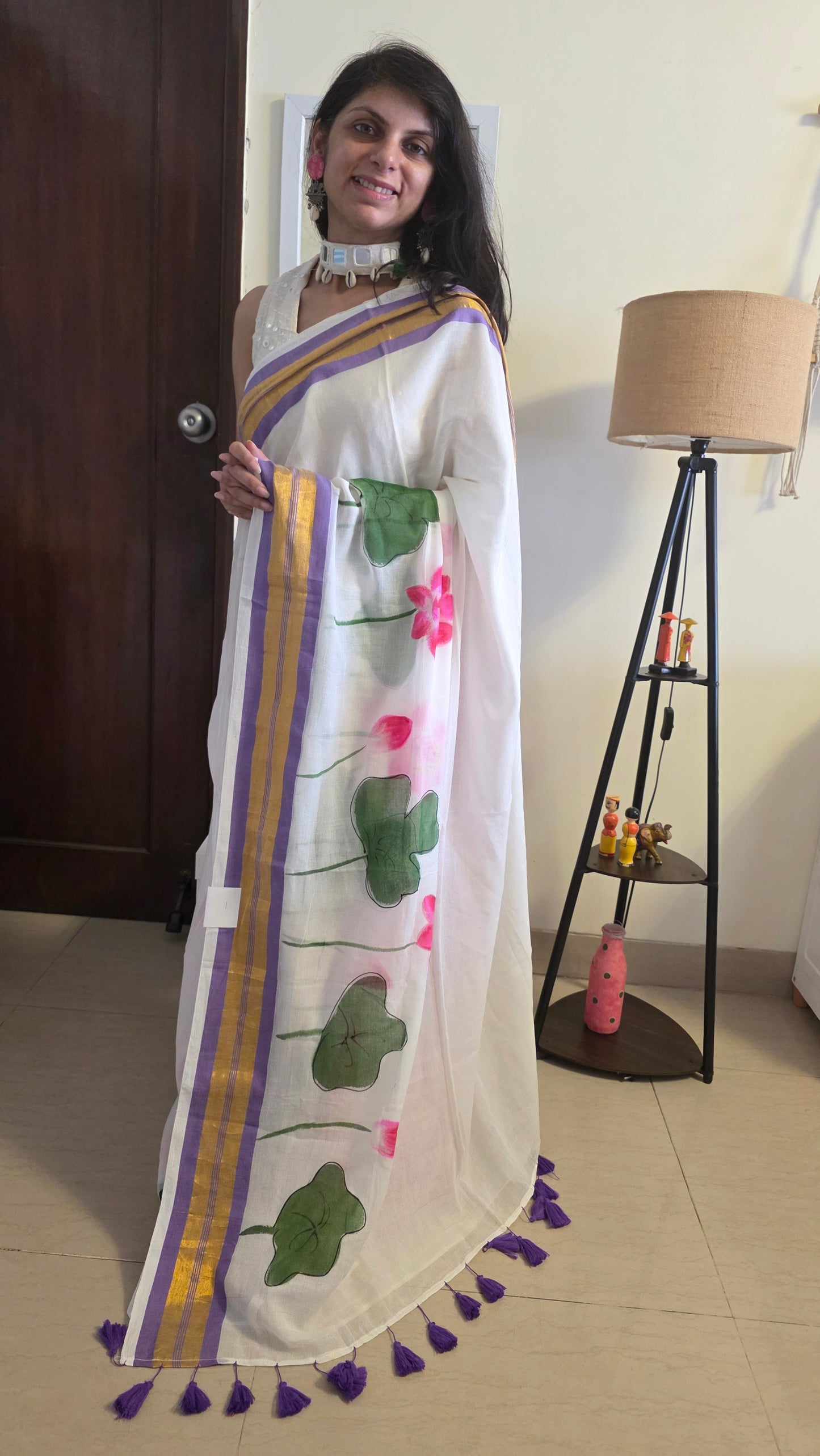 Lavender White hand-painted Lotus mulmul cotton Saree