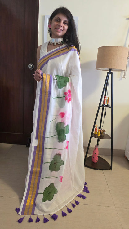 Lavender White hand-painted Lotus mulmul cotton Saree