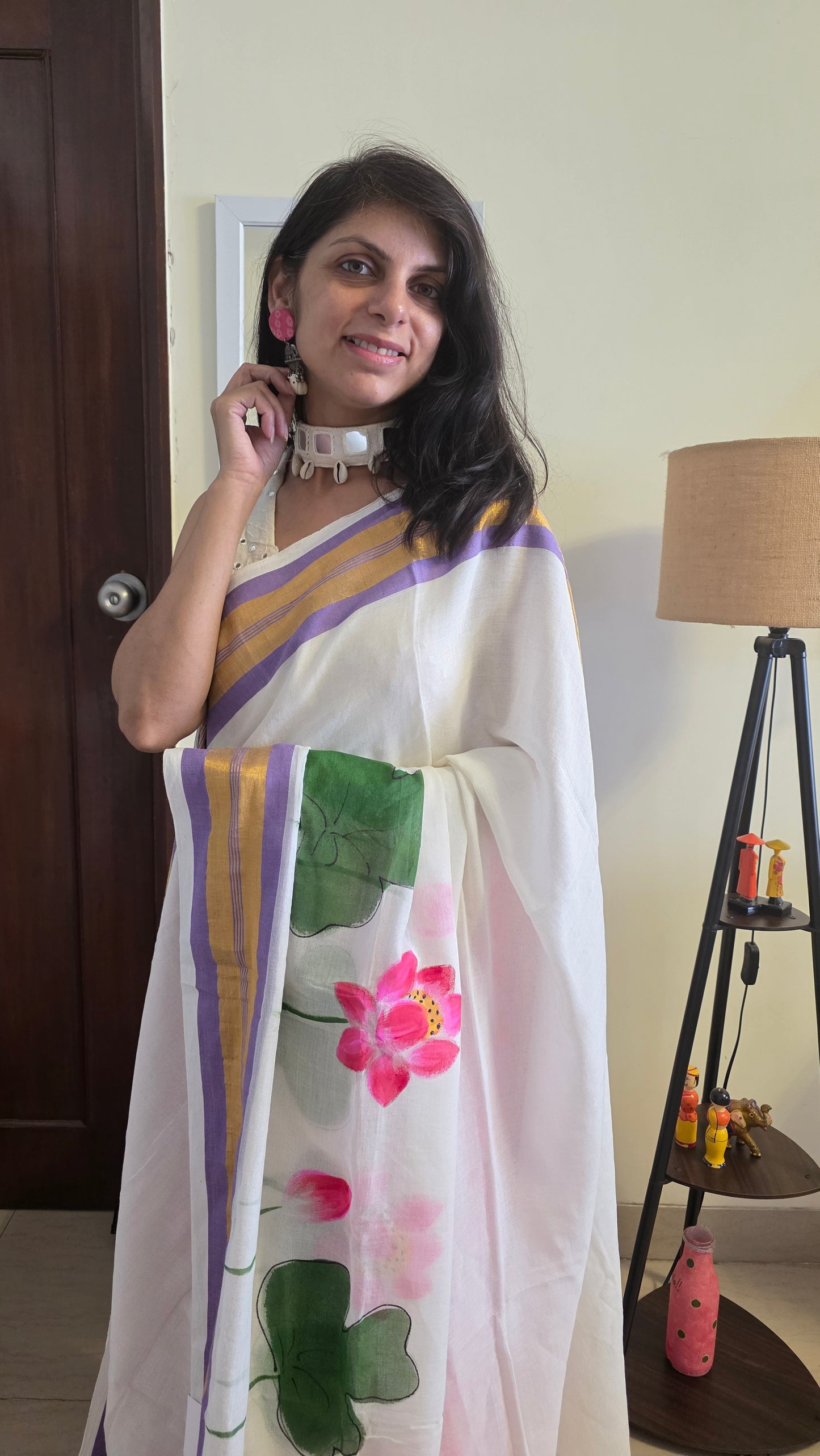 Lavender White hand-painted Lotus mulmul cotton Saree