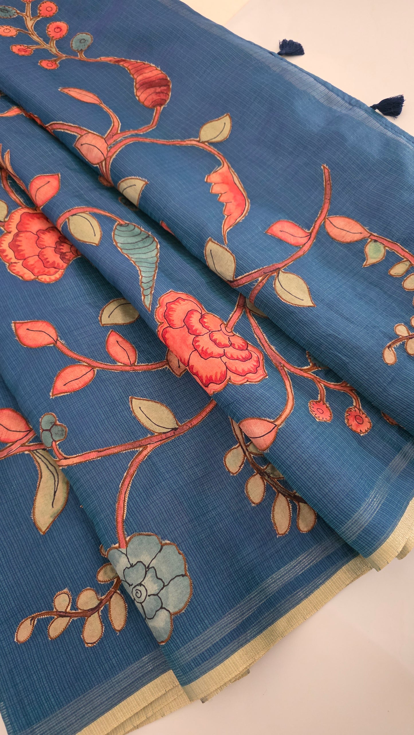 Blue Kota Silk Applique work saree