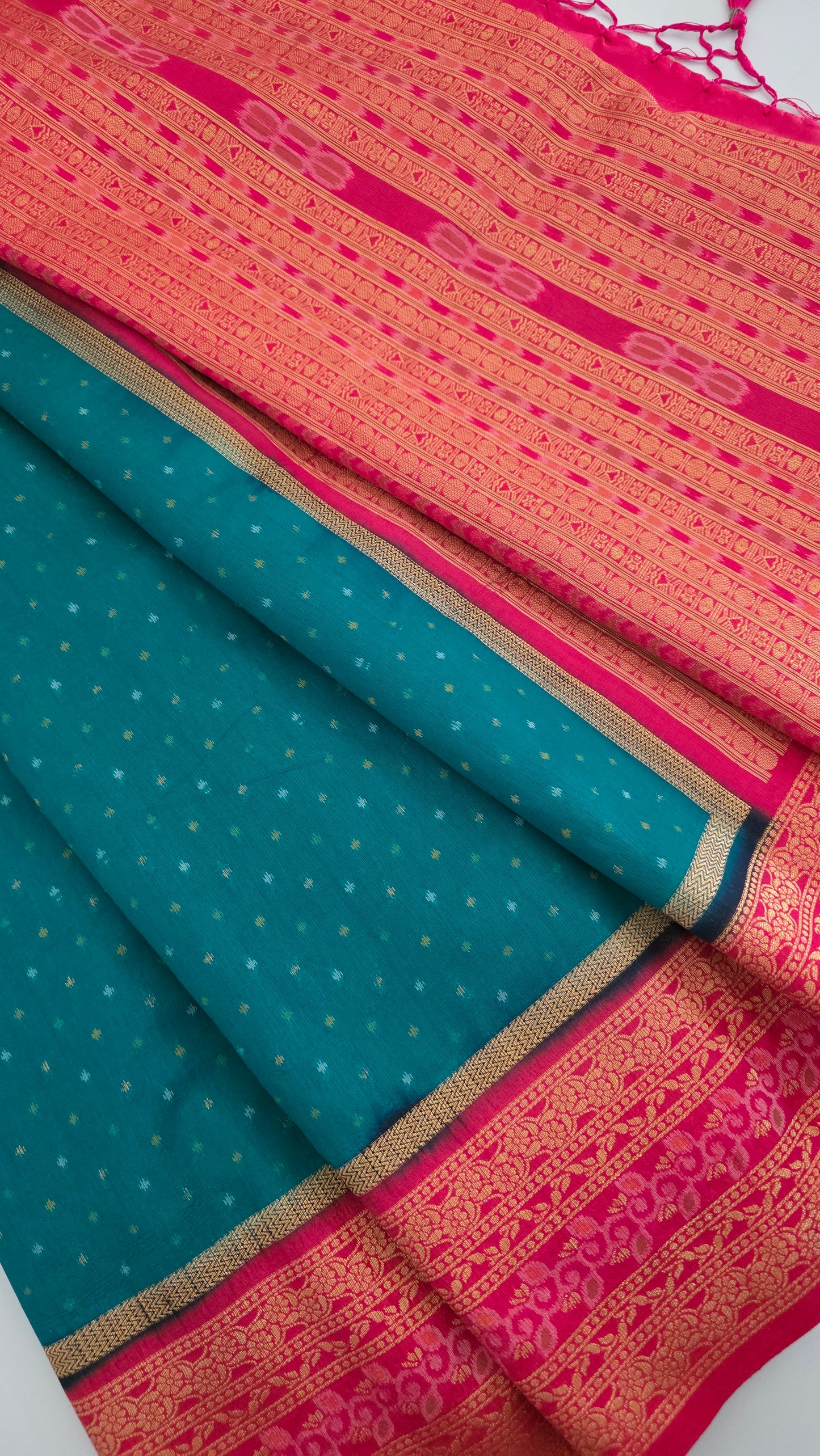 Teal Green contrast border Tussar silk Saree
