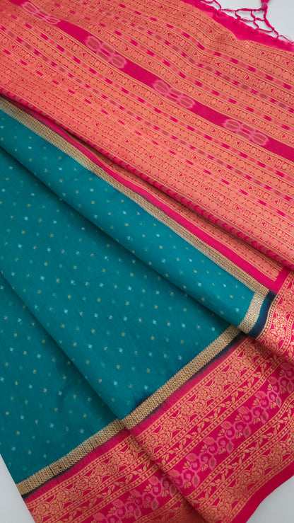Teal Green contrast border Tussar silk Saree