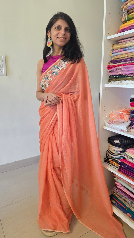Orange Hand-embroidered mulmul saree