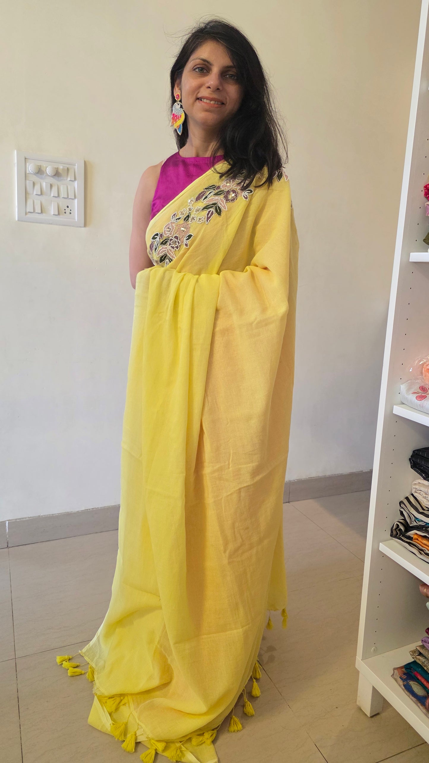 Yellow Hand-embroidered mulmul saree